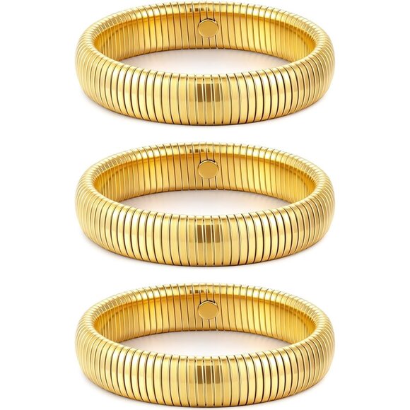 Gold Bangle Set 3 Chunky Stretch 24K Gold 12mm Plated Stainless Steel Wide Stack - Picture 1 of 5